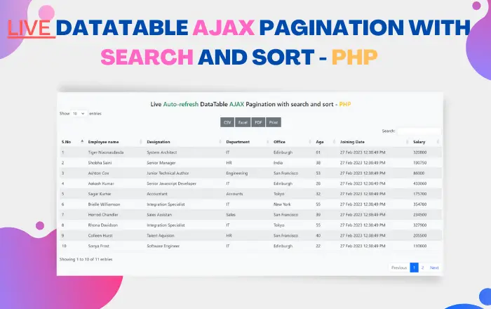 DataTable AJAX Pagination with search, export buttons and sort in PHP