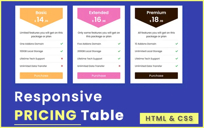 Responsive Pricing Table using HTML & CSS